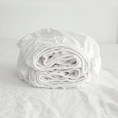 Linen Fitted Sheet (1 Piece) -  Deep Pocket Mattress Cover Natural Flax Cotton Blended Soft Breathable Bedding - White, queen Size