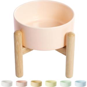 Elevated Ceramic Dog Food Bowl - Raised Feeding Bowl with Wooden Stand - Pet Dish for Small and Medium Dogs - Candy Colors - 2 Cups / 27 fl oz / 800 ml - Pink