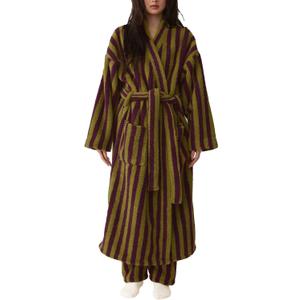 Women's Fuzzy Fleece Long Robe Striped Plush Kimono Warm Thick Fluffy Oversized V Neck Loungewear Maxi Bathrobe (Large, Purple)