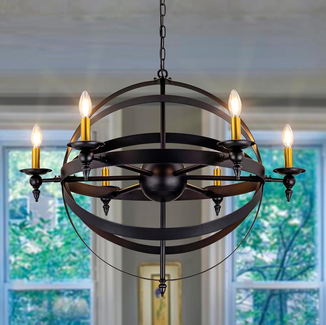 TOCHIC 35" D Large Chandelier 6 Lights Black Gold Chandelier Living Room Ceiling Light, Farmhouse Orb Chandelier Adjustable Globe Hanging Light Fixture for Dining Room Bedroom Kitchen Foyer Hallway