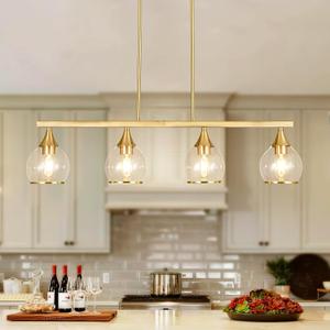 Island Light for Kitchen, 4-Light Gold Kitchen Island Linear Hanging Pendant Chandeliers, Brushed Gold Dining Room Light Fixture Over Table with Clear Round Glass Shades