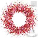 22 Inches Artificial Pink Forsythia Flower Wreath, Natural Vine Wreath, Spring/Summer Front Door Wreath with Hook and Light String, for Wedding Window Home Wall Indoor Front Door Decor