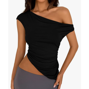 PRETTYGARDEN Womens Off The Shoulder Tops 2025 Summer Sleeveless One Shoulder Ruched Asymmetrical Y2K Going Out Crop Tank Top, L