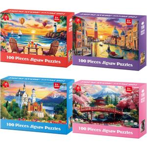 100 Piece Puzzle World Famous Landscapes Jigsaw Puzzles Large Piece Puzzles for Adult Seniors Kids Puzzles for Kids Ages 4-6 6-8 Learning Educational Toys Gifts for Girls Boys 4 Packs