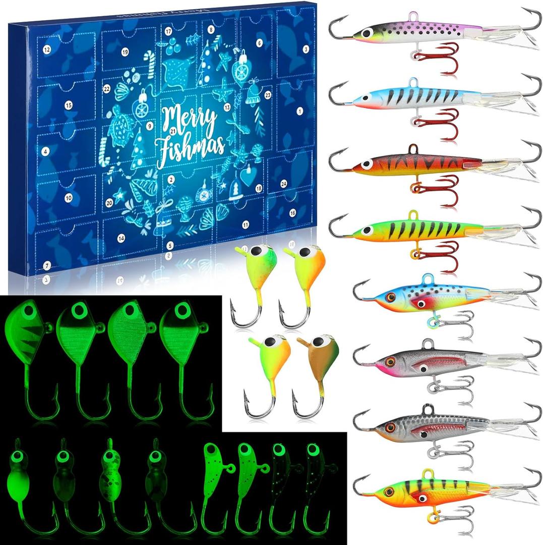 24 Ice Fishing Advent Calendar 2025 Christmas Countdown 24 Days Ice Fishing Lures Countdown Calendar Set for Ice Fisher Adult Men Father Ice Fishing Blind Box Surprise Gift (Bright Style)