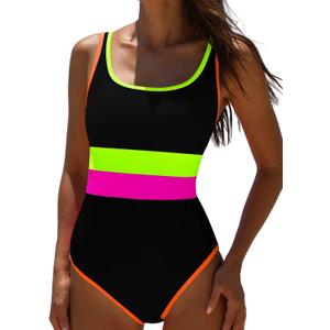 popvil Women's One Piece Swimsuits Tummy Control -Slimming Bathing Suit Neon 1 Piece Beach Outfit Sexy Sport Swim Suits (Large, Black Yellow)