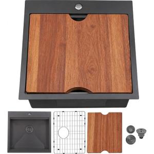 21x20 Inch Black Kitchen Sink, Drop in Bar Sink Black, Stainless Steel Square Small Topmount Workstation Sinks, Single Bowl for Laundry Office Wet Bar Prep RV Outdoor Yard