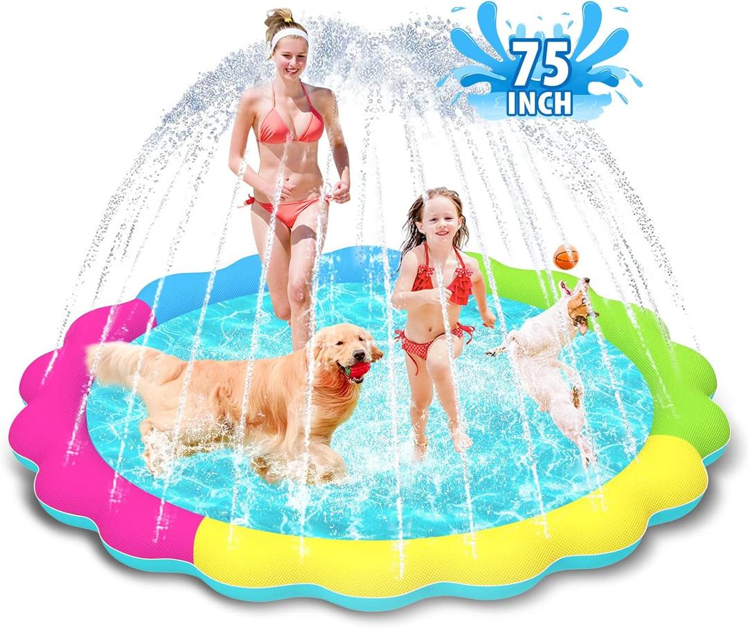 Raxurt Dog Splash Pad, 75in Anti-Slip Dog Pool Splash Pad for Dogs Kids 0.55mm Thickened Durable Bath Pool Pet Summer Outdoor Water Toys Backyard Fountain Play Mat, Colorful