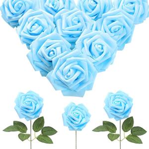 IPOPU 30pcs Baby Blue Roses Foam Flowers Artificial Roses with Stems, Fake Roses with Fake Flowers for DIY Wedding Bouquets Baby Shower Centerpieces Floral Party Home Dcor (Light Blue)