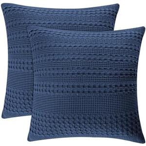 PHF 100% Cotton Waffle Weave Euro Sham Covers, 2 Pack 20" x 25" Bed Pillow Covers for Elegant Home Decor, No Filling, Luxury Aesthetic Soft Euro Pillow Cases for Bed, Bright Navy Blue