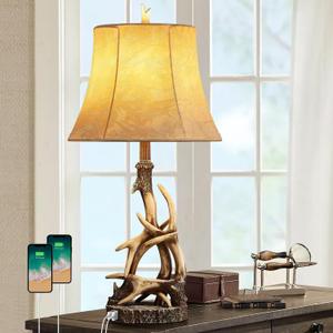 27.25'' Rustic Antler Table Lamps for Living Room with USB A + C Charging Ports Western Cabin Bedside Lamps for Bedroom Nightstand Lamps with Faux Leather Lampshade, Single, Bulb Not Included