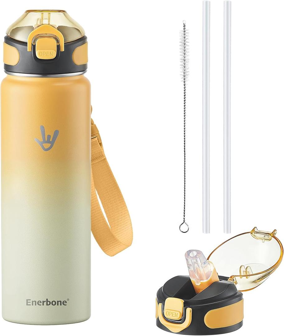 Enerbone 24 oz Insulated Water Bottle, Stainless Steel Bottle with Carrying Strap, Double-Wall Vacuum Insulation Design, Leakproof Sports Bottle with Straw, Keep Drinks Cold or Hot for Hours (Sunburst)