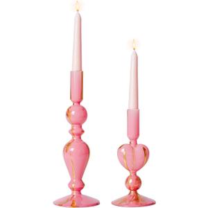 DN DECONATION Pink & Gold Glass Candle Holders Set of 2, Heart Taper Candle Holders for Valentine's Day, Candlestick Holder Wedding Decorations, Farmhouse Home Coffee Table Decor & Housewarming Gifts