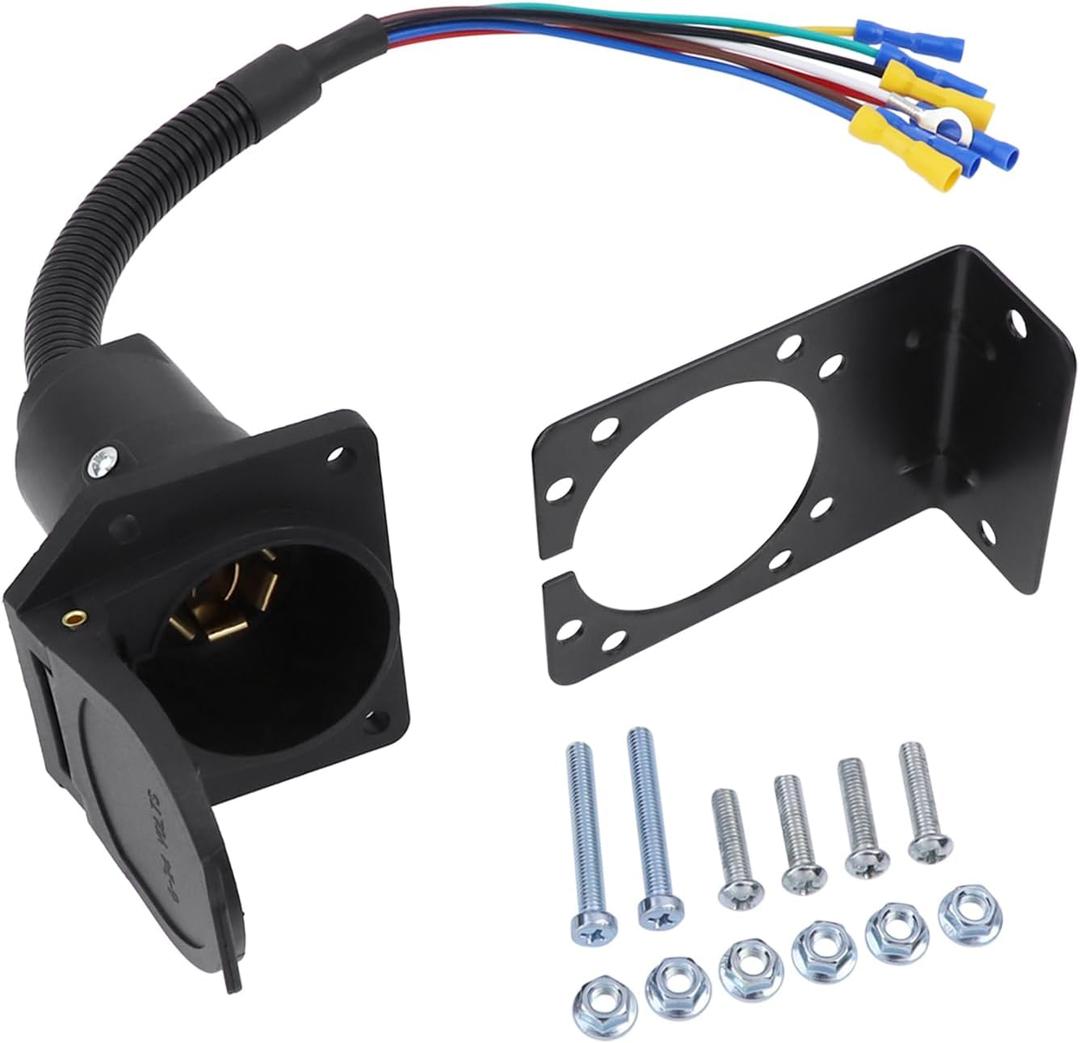 RV Trailer Light Connector Socket, 7 Pin Wiring Harness Electrical Adapter, 7 Way Wire Trailer Plug w/Mounting Bracket for RV Camper Truck Trailer