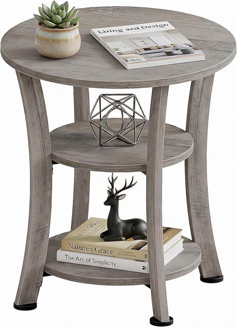 Round End Table 3 Tier Side Table, Small Space Nightstand, 19.7" x 19.7" x 21.7"