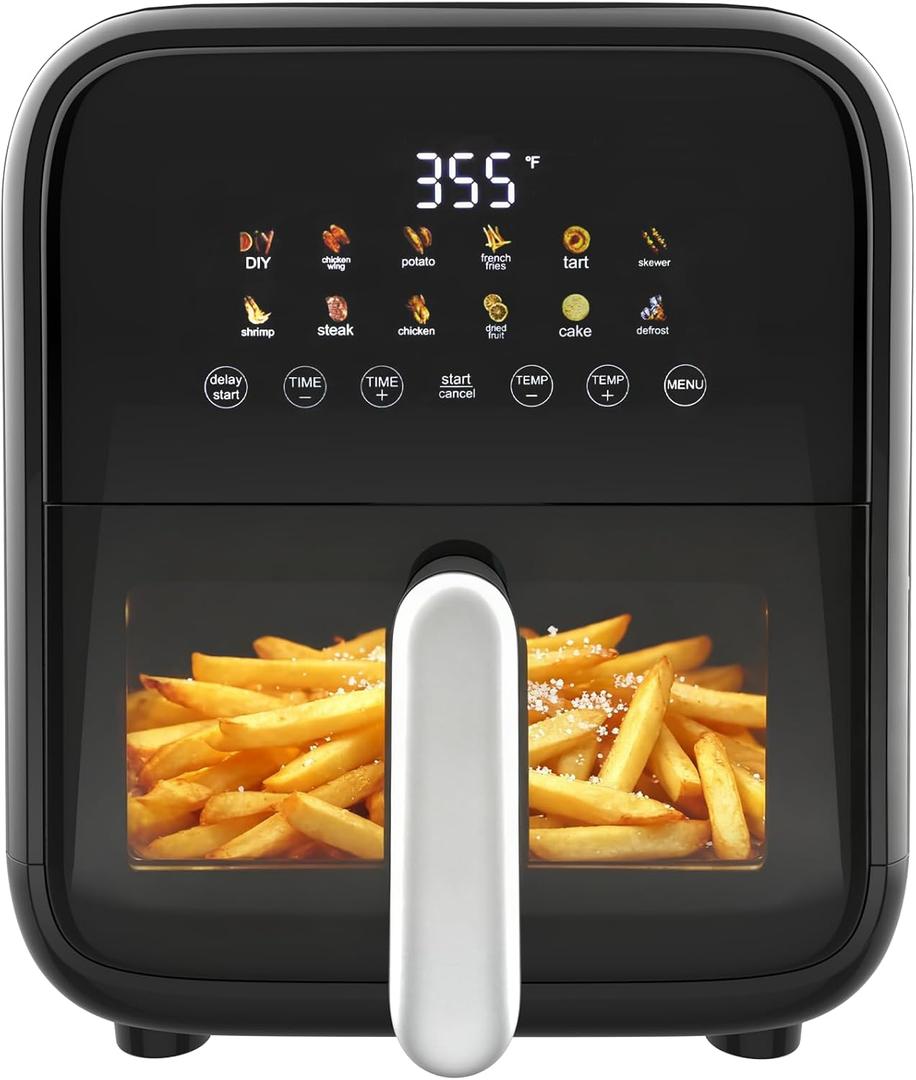 NEWBULIG 7.9QT Air Fryer with Transparent Window, 12-In-1 Large Air Fryers for Family, 400F Wide Temperature for Rapid Heat, Roast Bake Dehydrate Reheat, Dishwasher Safe, Nonstick Basket, 1800W