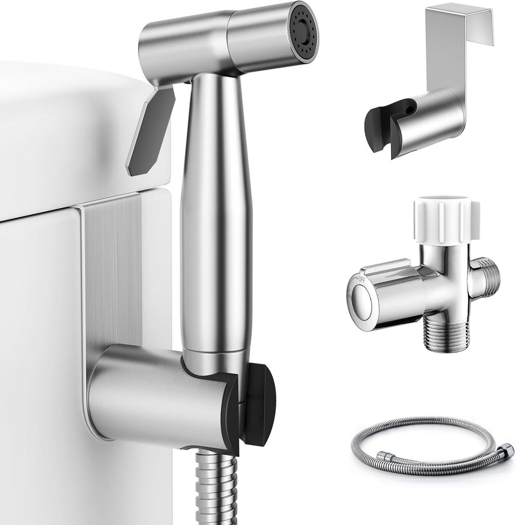Handheld Bidet Sprayer for Toilet, Muslim Shower Water Jet Spray for Toilet, Bidet Faucet Cloth Diaper Sprayer for Baby Wash, Adjustable Water Pressure with Bidet Hose for Feminine Wash (1 SET, Brushed Nickel)