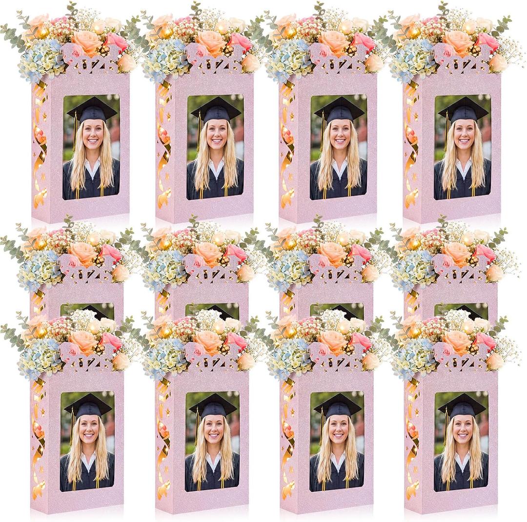 Spiareal 12 Sets Graduation Box Centerpieces for 4" x 6" Photo Class of 2026 Table Decoration Pink Picture Frame Display Boxes with String Lights Congrats Grad Party Favor High School College Gift