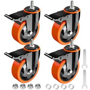 Caster Wheels Heavy Duty 3 Inch Stem Caster 1/2"-13 x 1(Stem Diameter 1/2", Stem Length 1"), Safety Locking Caster Set of 4, Industrial Castor Wheels for Cart,Furniture, Orange