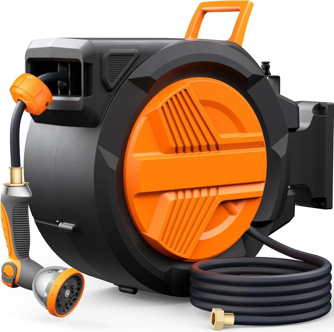 Retractable Garden Hose Reel 1/2 x 100ft, Auto Rewind Hose Reels for Outside, Heavy-Duty Wall-Mounted Outdoor Hose, 10-Mode Nozzle, Adjustable Length, 180 Rotation for Watering, Car & Pet Washing