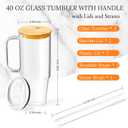 2 Pack Glass Cups with Lids and Straws Large 40 oz Glass Tumbler with Handle Clear Reusable Iced Coffee Cups, with Bamboo Lid & Plastic Lid, BPA Free, Wide Mouth for Hot/Cold Drinks