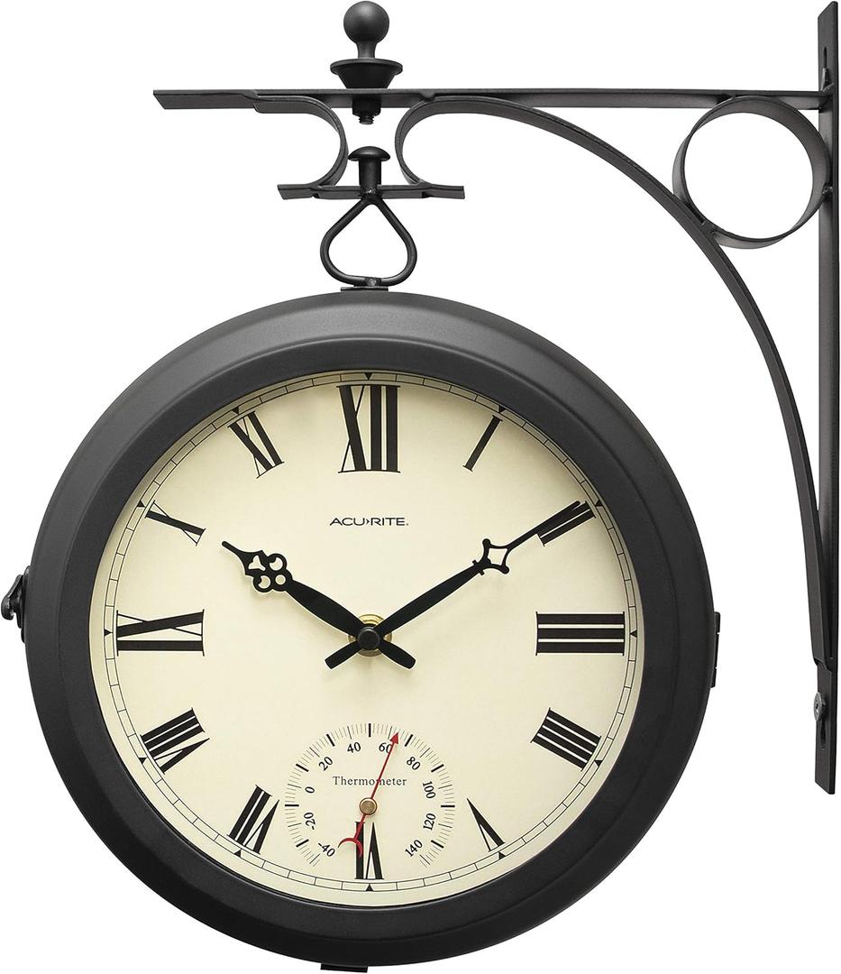 AcuRite 9-Inch Indoor/Outdoor Double-Sided Hanging Clock with 360-Degree Spin Functionality, Iron Metal Frame, Glass Lens, Quartz Crystal Movement, Weatherproof and Premium Thermometer (75140M),Black