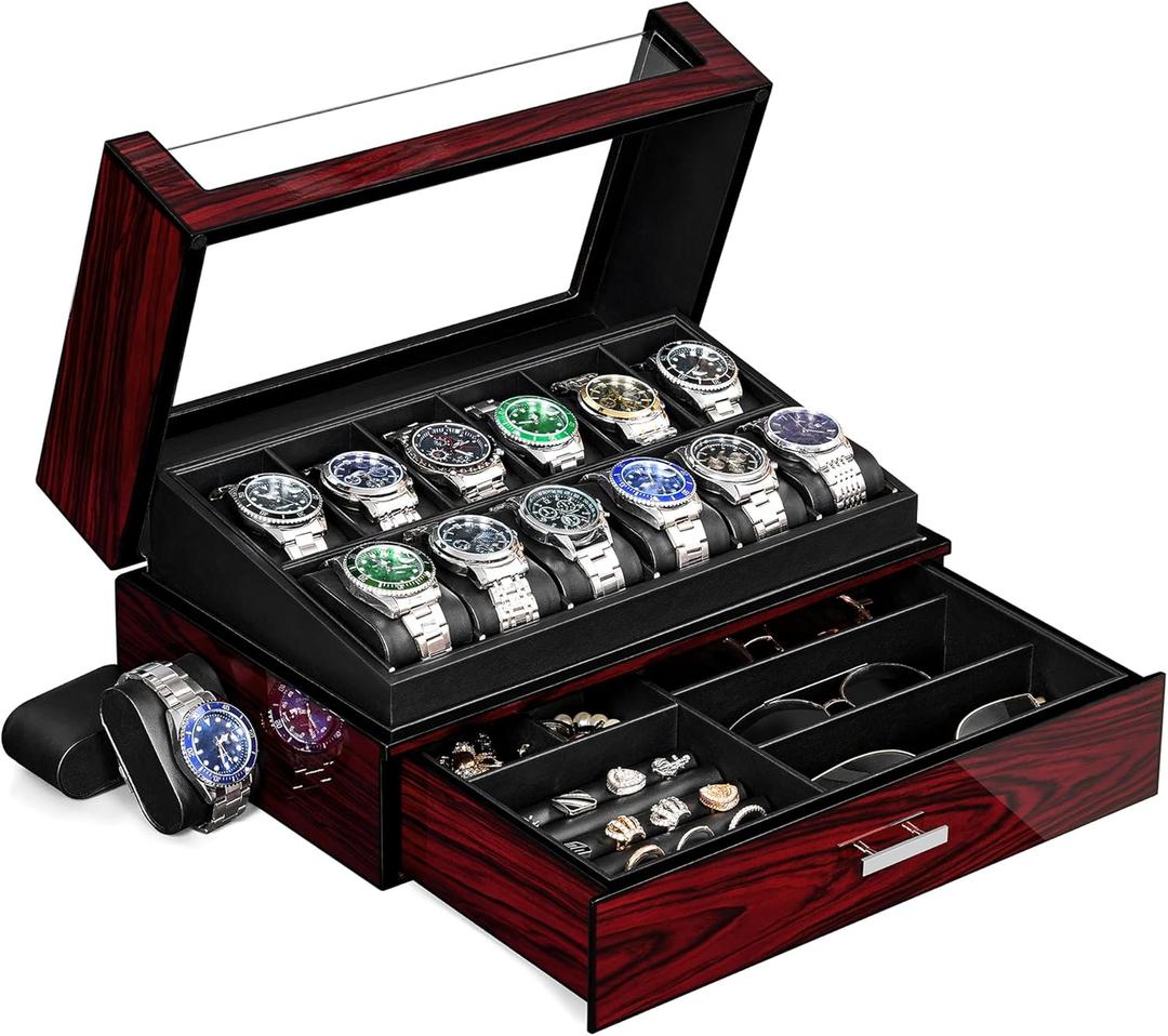 ANWBROAD Watch Box for Men 12 Slots Watch Case with Glass Lid 2 Layers Paint Watch Holder Jewelry and Watch Storage Faux Leather Lining Elegant Present or Men Women UJWB005Y