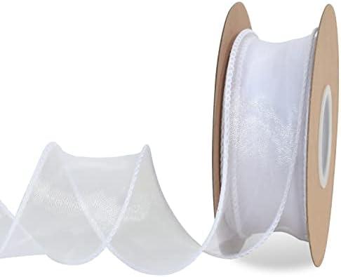 TONIFUL 1-1/2 Inch Wide White Wired Chiffon Ribbon Sheer Organza Ribbons for Crafts Floral Bouquets Wedding Car Party Decorations Valentine's Day Gift Wrapping Bow Making Tree Wreaths Decoration