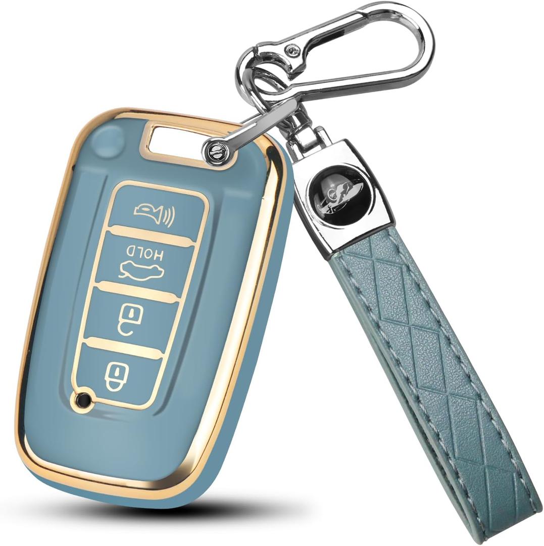 QBUC for Hyundai Key Fob Cover with KeychainCompatible with Hyundai Sonata Azera Elantra Equus Kia Optima Sorento Forte Soul Genesis Old Smart Key (Gold Edge,Blue)