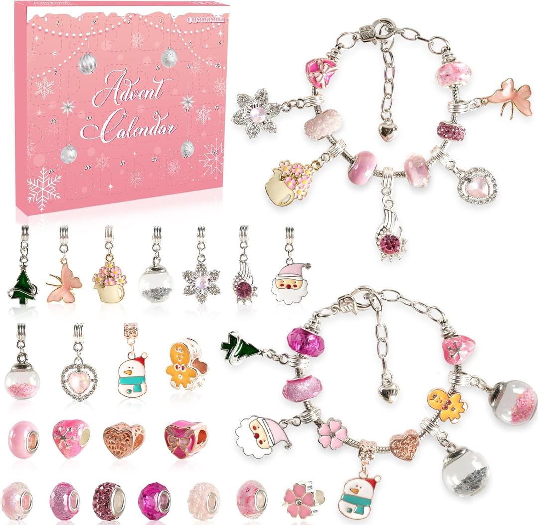 OuMuaMua 24 Days Christmas Advent Calendar 2025, Charm Bracelet Making Kit, Pink Charm Beads, Countdown Calendar DIY Jewelry Making Kit for Adults Women Teens Girls Kids Xmas Holiday Birthday Gifts