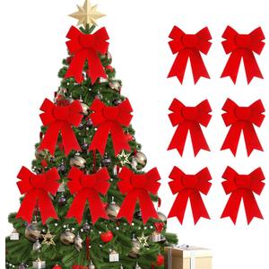 12 PCS Christmas Red Velvet Bow, 5x8 Inches Velvet PVC Christmas Tree Bows - Large Hanging Xmas Bows for Indoor Outdoor Decor, Wreath, Railing, Fences, Party Supplies & Gift Boxes (Red 1, 12 Pcs)