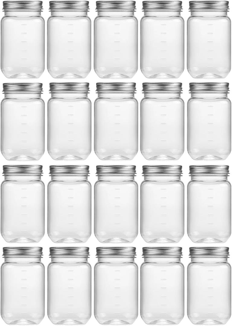 novelinks 16 oz Clear Plastic Jars with Screw-On Lids - BPA-Free Refillable Storage Containers for Slime, Food, Crafts, Kitchen & Household Use (20 Pack,Silver)