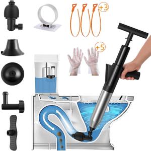 Stainless Steel Toilet Plunger Kits,Air Drain Blaster Gun Plunger High Pressure with 5 Heads,Dashboard Barometer,Sewer Toilet Kitchen Sink For Clogged Toilet Kitchen Bathroom Tubs