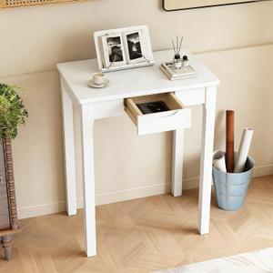Solid Wooden Desk with Drawers - 24 x 16 Inch Narrow Desks for Small Spaces, Rubberwood Simple Study Table, Small Writing Desk for Bedroom - Modern White Desks, Compact