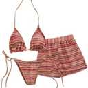 GORGLITTER Women's 3 Pieces Bathing Suit Sets Striped Triangle Top and High Cut Thong Bikini Set with Cover Up Shorts Size Medium