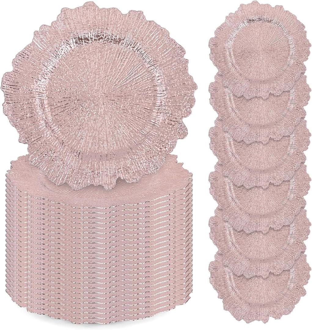 24 Pcs Rose Gold Charger Plates Bulk, 13" Reef Plate Chargers for Dinner, Plastic Floral Decorative Plates for Table Setting, Wedding, Party, Event, Decoration