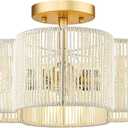 Rattan Light Fixtures Ceiling Mount, 4-Light 14" Boho Semi Flush Mount Ceiling Light with White Hand-Woven Shade in Quatrefoil Shape for Kitchen Nursery Bedroom, Gold, AD-22007-4SF-RA-WH