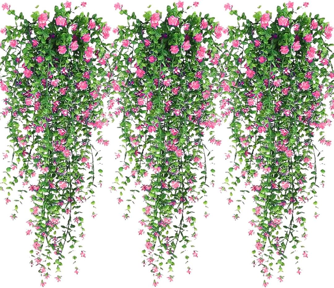 Artificial Hanging Flowers, 3 Pcs Fake Hanging Plants Artificial Vines for Outdoors, Fake Ivy Vine UV Resistant No Fade Faux Plants for Indoor Outside Garden Patio Yard Greenery Decoration (Pink)