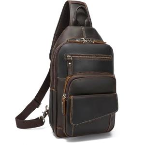 LANNSYNE Full Grain Leather Casual Sling Bag For Men Hiking/Travel/Business Crossbody Chest Bag Fits 12.9" iPad