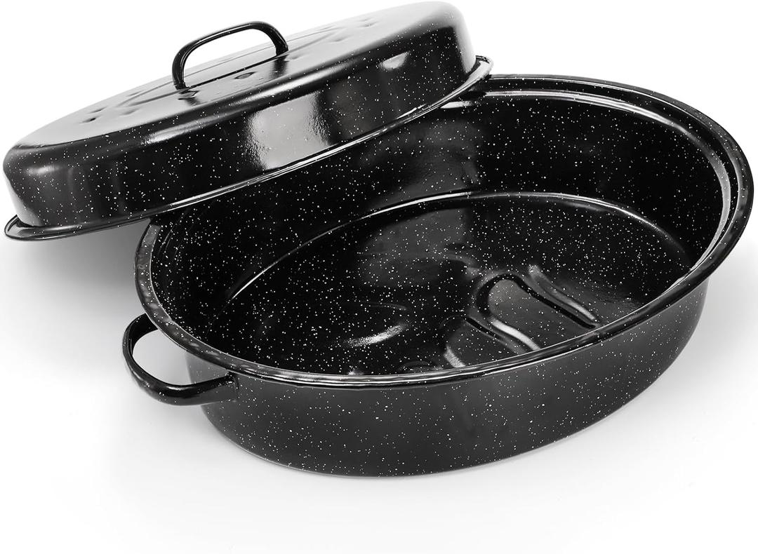 TOPZEA Granite Roasting Pan with Lid, 18" x 12.5" Turkey Roaster Pan Enameled on Steel Nonstick, Covered Oval Roaster Pot Oven Broiler Pan Cookware for Turkey, Chicken, Ham Meat Roast, Dishwasher Safe