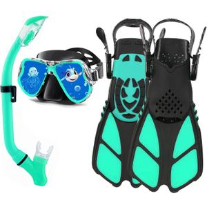 Snorkeling Gear for Adults with Fins Scuba Diving Gear Adult Professional Travel Snorkel Sets with Flippers,Anti-Fog Anti-Leak Diving Mask (US Kids 1-4, Aqua Black Kids)