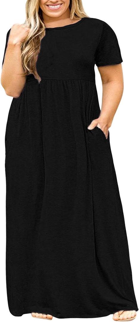 Nemidor Plus Size Maxi Dresses for Curvy Women Summer Casual Loose Short Sleeve Long Beach Dress with Pocket (Black, XL)