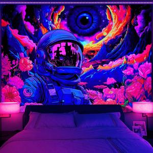 AtawLege Blacklight Astronaut Tapestry Hippie Eyes UV Reactive Flowers Plants Neon Galaxy Space Wall Hanging for Bedroom (70.9 x 92.5 inches)