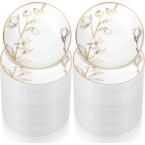 Mifoci 150 Pcs 7.5 Inch White and Gold Plastic Plates with Gold Rim Floral Design, Elegant Heavyweight Disposable Plates for Wedding Party Birthday Bridal Shower