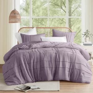 Comfort Spaces Purple Full Size Comforter Set - 3 Piece Pintuck Pleated Bedding Set, All Season Lightweight, Extra Softness Pre-Washed Microfiber Bed Set, Shams