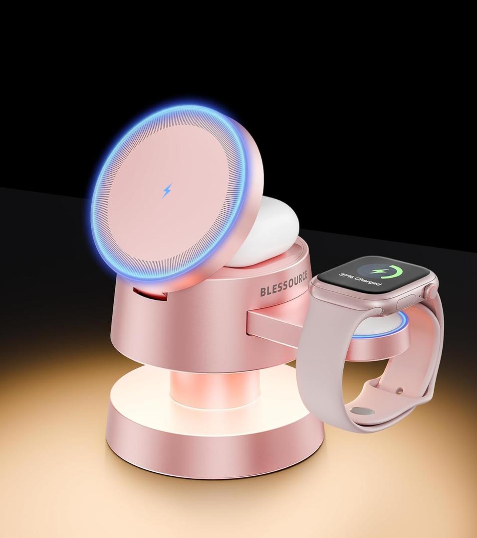 4-in-1 Magnetic Wireless Charging Station for iPhone 17/16/15/14 Pro Max, with Night Light Wireless Charging Station Fast Charging for Apple Watch, Earphones & Multiple Devices (Pink)