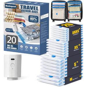 BoxLegend 20 Pack Travel Vacuum Storage Bags with Wireless USB Electric Pump (1200mAh) 4 Sizes for Luggage, Suitcase & Backpack Must-Have Travel Essentials Save 80% Space for Clothes & Packing