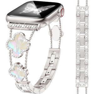 MOINSPIRE Starlight Bling Diamond Clover Band Women Compatible with Apple Watch 40mm 38mm 41mm 42mm(S10/11) Lucky Cute Sparkle Dressy Bracelet Metal Strap for iWatch Series 11/10/9/8/7/6/5/4/SE 3/2/1
