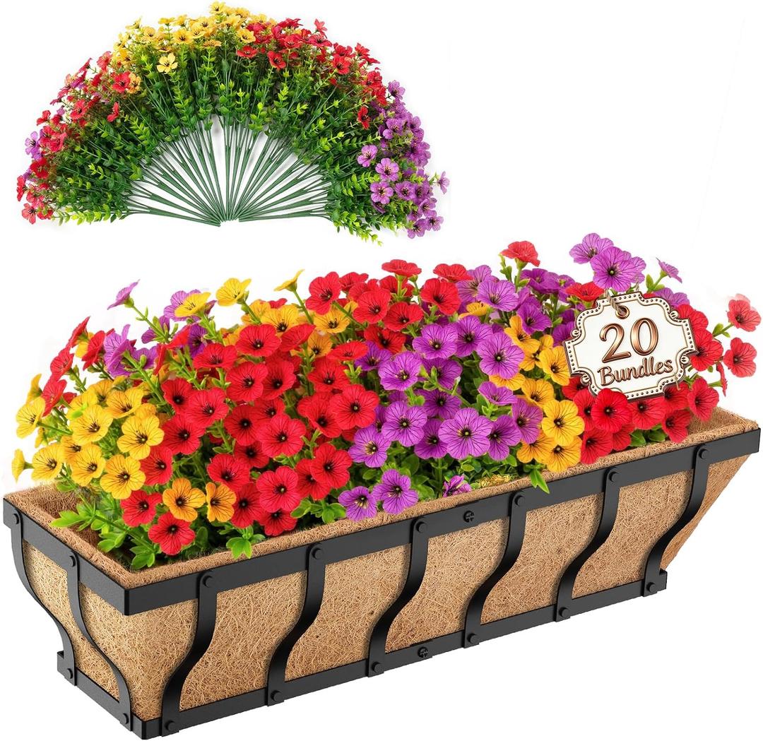 VOXOR Railing Planter Boxes with Artificial Flowers, Adjustable Balcony Planters for Railing Hanging, UV Sun Resistant Colorful Daisy for Porch Patio Balcony Home (1 Pack, 24 Inch)