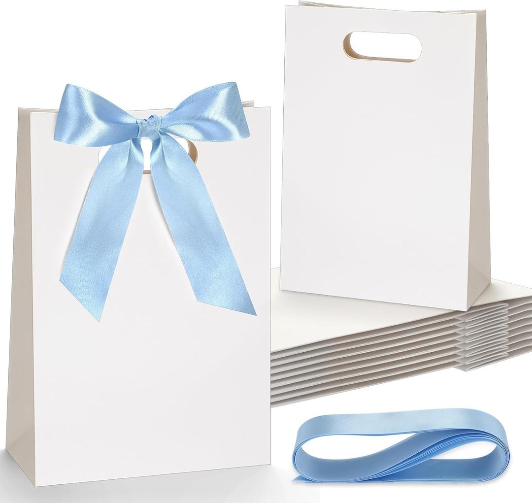 Aliceset 12 Pcs Paper Gift Bags 10 x 7 x 3.15'' Small Thank You Bridesmaid Gift Bags with Die Cut Handles for Wedding Bridal Baby Shower Graduation Birthday Party Favor(White,Light Blue)